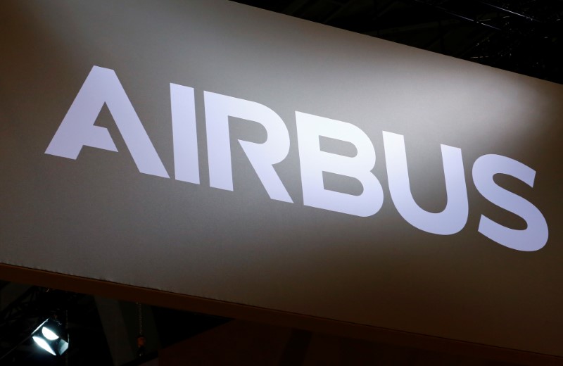 A logo of Airbus is pictured on their booth during EBACE in Geneva