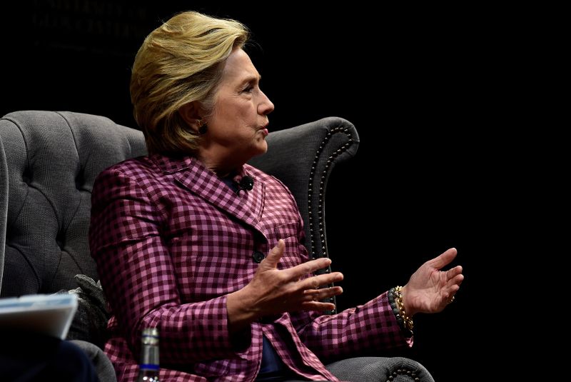 Former U.S. Secretary of State, Hillary Clinton speaks during an interview with Mariella Frostrup at the Cheltenham Literature Festival in Cheltenham