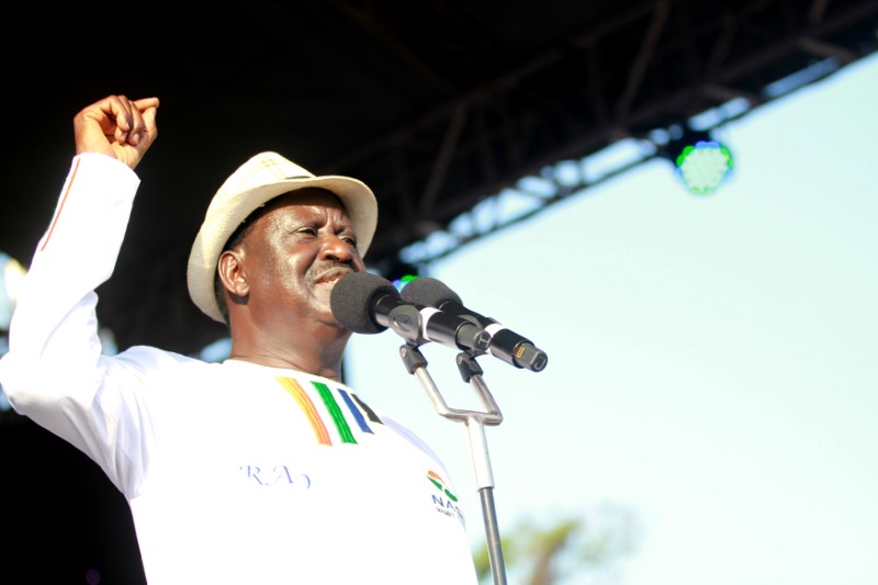 Kenyan opposition leader Raila Odinga, the presidential candidate of the National Super Alliance coalition addresses supporters during a rally in Mombasa