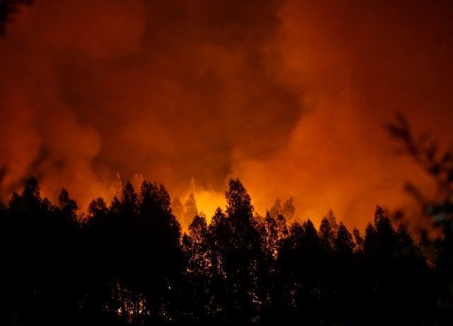 Smoke and flames from a forest fire are seen near Lousa