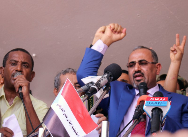 Dismissed governor of the southern Yemeni port city of Aden, Aidaroos al-Zubaidi, waves to supporters of the separatist Southern Movement as they demonstrated in Aden, Yemen