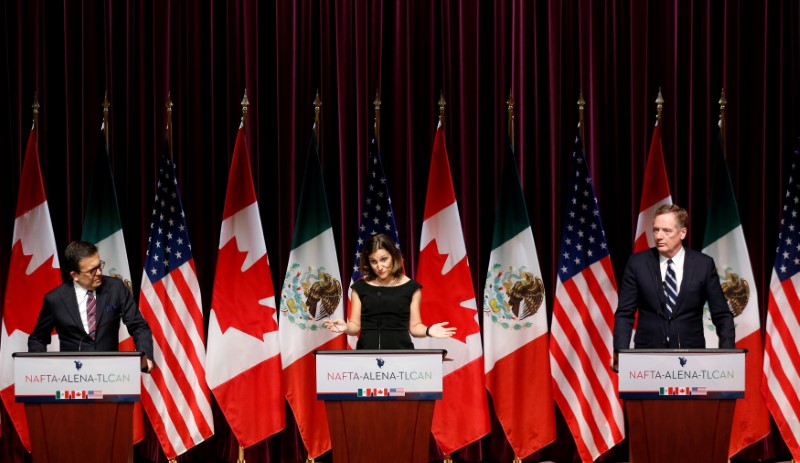 FILE PHOTO: Canada's Foreign Minister Freeland Mexico's Economy Minister Guajardo and US Trade Representative Lighthizer at the close of the third round of NAFTA talks in Ottawa