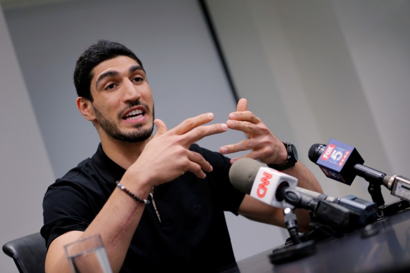 FILE PHOTO - Turkish NBA player Enes Kanter speaks about the revocation of his Turkish passport and return to the United States in New York