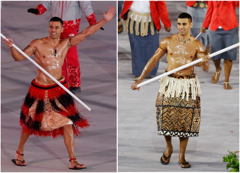 A combination photo shows Pita Taufatofua of Tonga during the Pyeongchang 2018 Winter Olympics' opening ceremony and the Rio 2016 Summer Olympics' opening ceremony