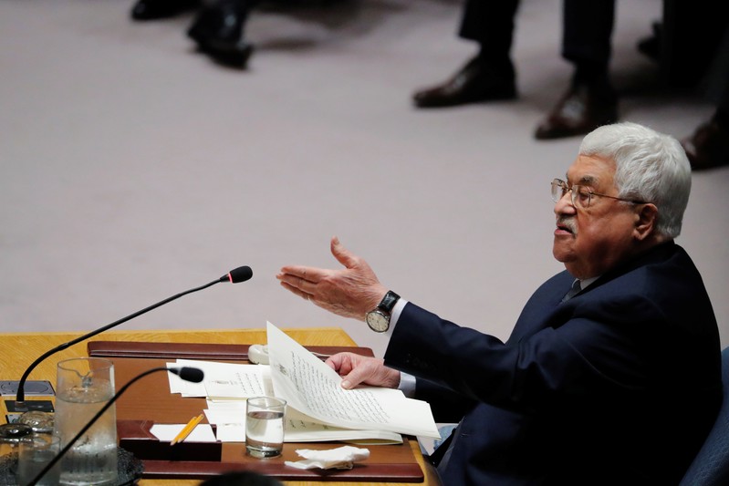 Palestinian President Mahmoud Abbas speaks during a meeting of the UN Security Council at UN headquarters in New York
