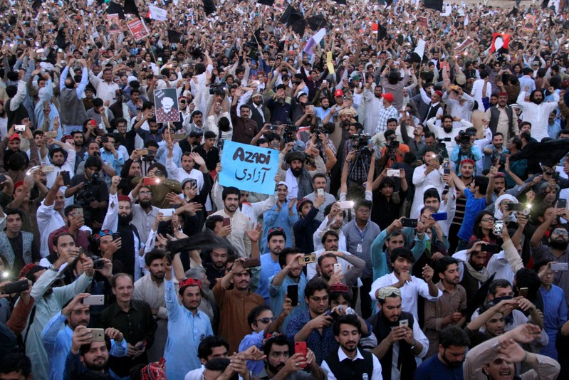 Members of Pakistan's Pashtun community, chant slogans at PTM rally in Lahore