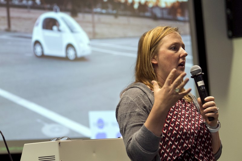 Jaime Waydo, Lead Systems Engineer on Google's Self-Driving Car project, speaks to the media during a preview of Google's prototype autonomous vehicles in Mountain View, California
