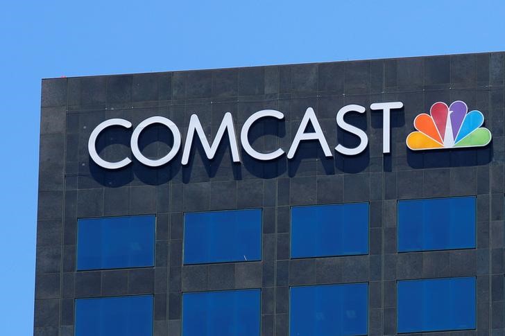 The Comcast NBC logo is shown on a building in Los Angeles, California