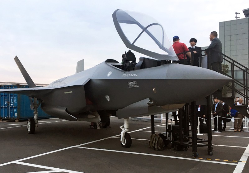 A real-size mock of F-35 fighter jet is displayed at Japan International Aerospace Exhibition in Tokyo