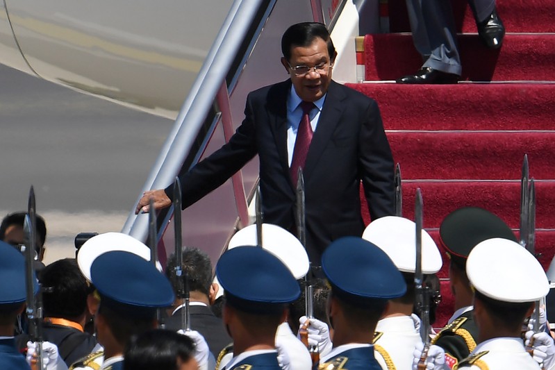 Cambodia's Prime Minister Hun Sen arrives at Beijing airport ahead of the Belt and Road Forum in Beijing
