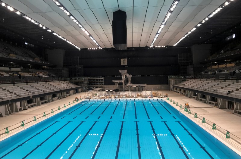 An interior view of Tokyo Aquatics Centre, the venue for Tokyo 2020 Olympic and Paralympic Games swimming and diving events, in Tokyo