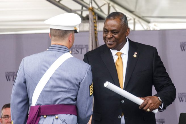 Defense Secretary Lloyd Austin US Defense Secretary Lloyd Austin hands out diplomas to United States Military Academy graduating cadets during the ceremony for class 2021 at Michie Stadium on Saturday, May 22, 2021, in West Point, N.Y. (AP Photo/Eduardo Munoz Alvarez)