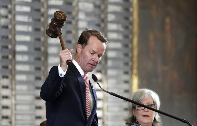 Texas Speaker of the House Dade Phelan, R-Beaumont, strikes his gavel as he opens the special session called by Gov. Greg Abbott, Thursday, July 8, 2021, in Austin, Texas. (AP Photo/Eric Gay)
