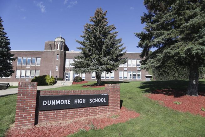 This Sept. 2021 photo shows Dunmore High School in Dunmore, Pa. Four teenagers have been charged with a plot to attack a Pennsylvania high school in 2024, on the 25th anniversary of the massacre at Colorado's Columbine High School, authorities said, Friday, Sept. 24, 2021. (Jake Danna Stevens/The Times-Tribune via AP)