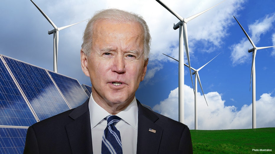 Photo illustration of solar and wind power behind President Biden