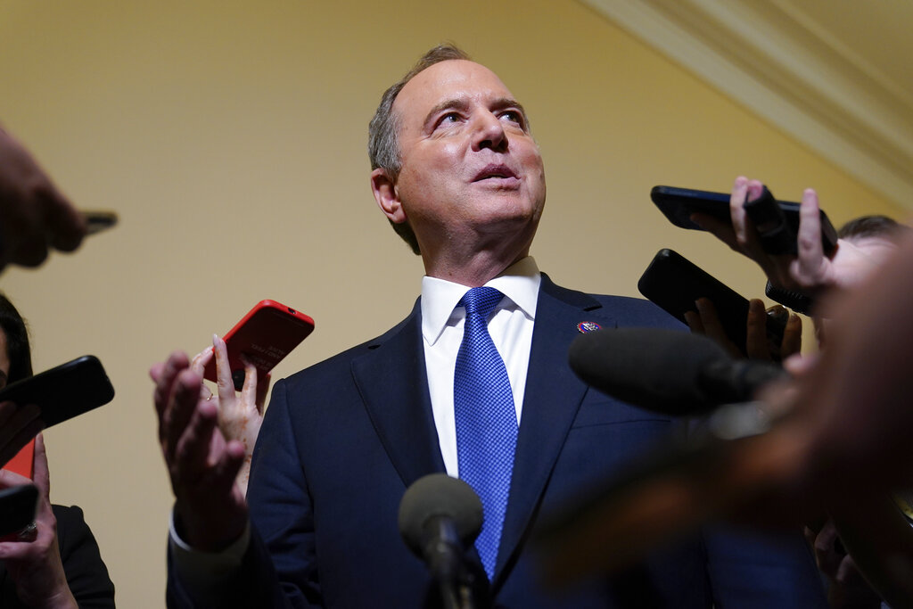 Rep. Adam Schiff, D-Calif., a member of the House select committee investigating the Jan. 6 attack on the U.S. Capitol, speaks with members of the press after a hearing at the Capitol in Washington, Tuesday, June 21, 2022. (AP Photo/Patrick Semansky)
