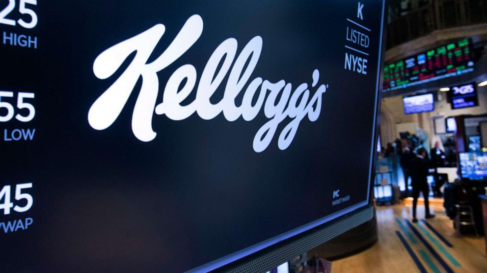 PHOTO: The logo for Kellogg's appears above a trading post on the floor of the New York Stock Exchange, Oct. 29, 2019.