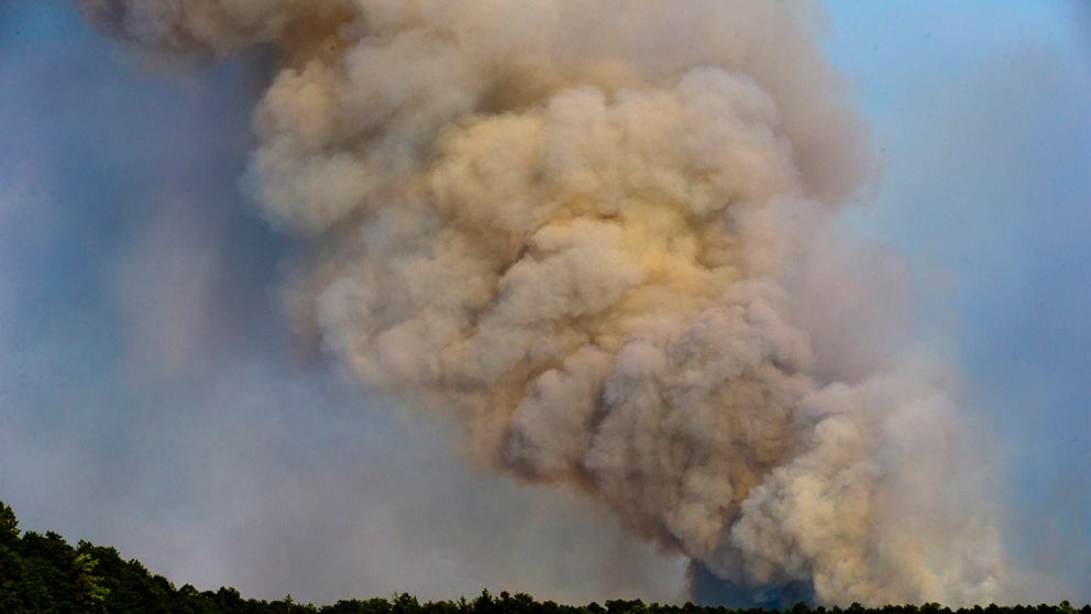 PHOTO: Smoke billows from a wildfire in Wharton State Park near Hammonton, N.J., June 20, 2022.