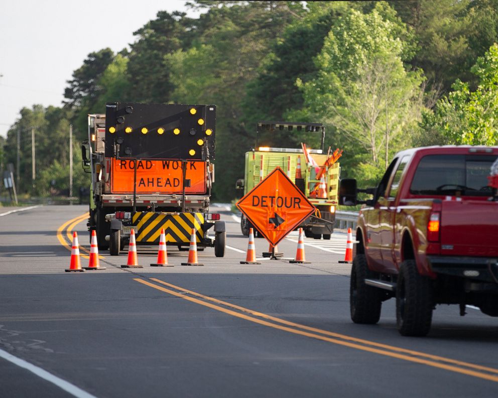 PHOTO: Route 206 is closed to traffic north of Hammontown due to a wildfire in Wharton State Park near Hammonton, N.J., June 20, 2022.