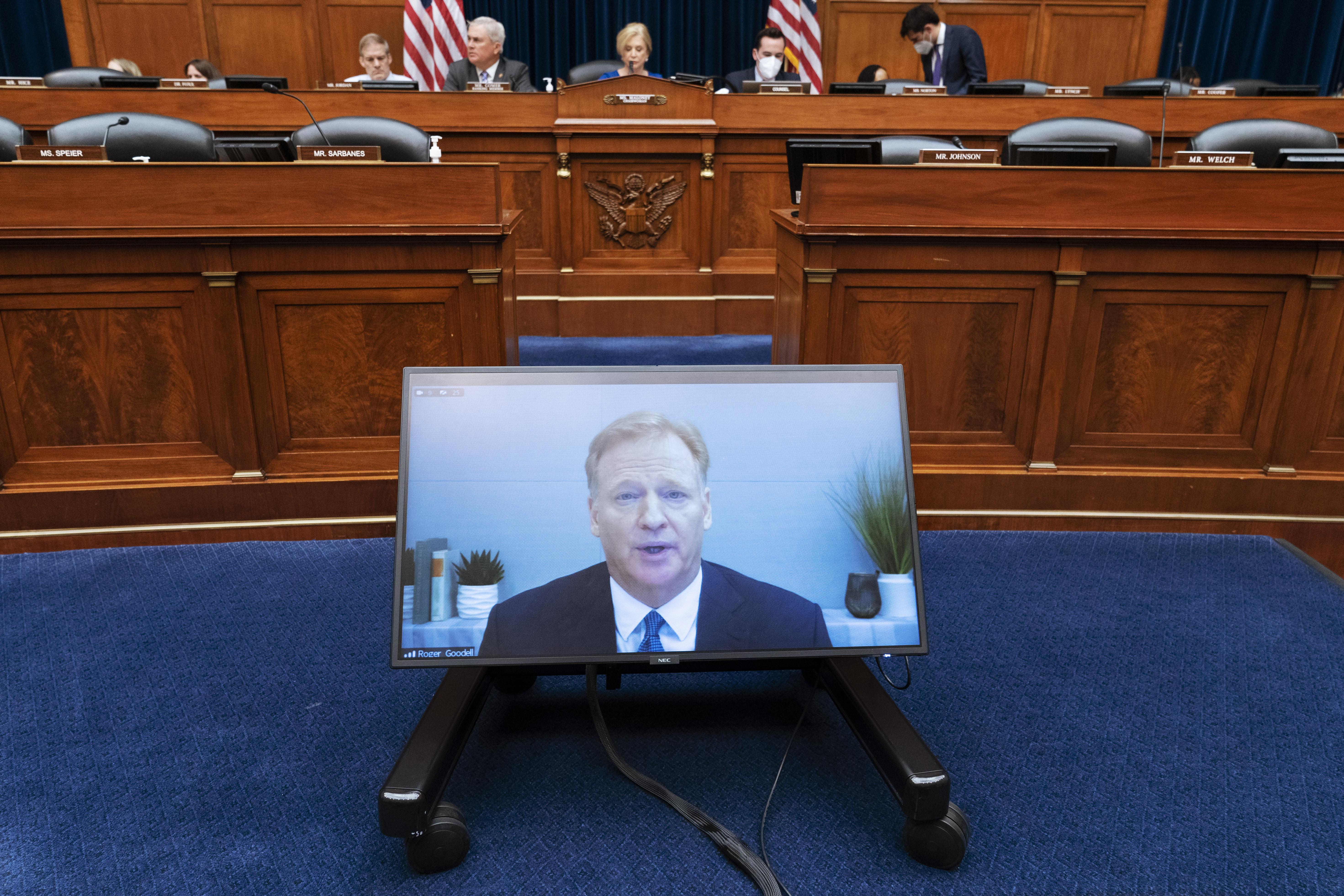 NFL Commissioner Roger Goodell testifies virtually, Wednesday, June 22, 2022, during a House Oversight Committee hearing on the Washington Commanders' workplace conduct, on Capitol Hill in Washington. Team owner Dan Snyder did not attend the hearing. (AP Photo/Jacquelyn Martin)