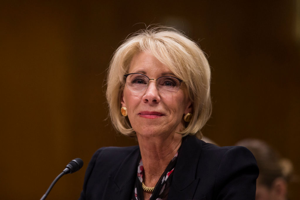 WASHINGTON, DC - MARCH 28: U.S. Secretary of Education Betsy DeVos testifies during a Senate Labor, Health and Human Services, Education and Related Agencies Subcommittee discussing proposed budget estimates and justification for FY2020 for the Education Department on March 28, 2019 in Washington, DC. (Photo by Zach Gibson/Getty Images)