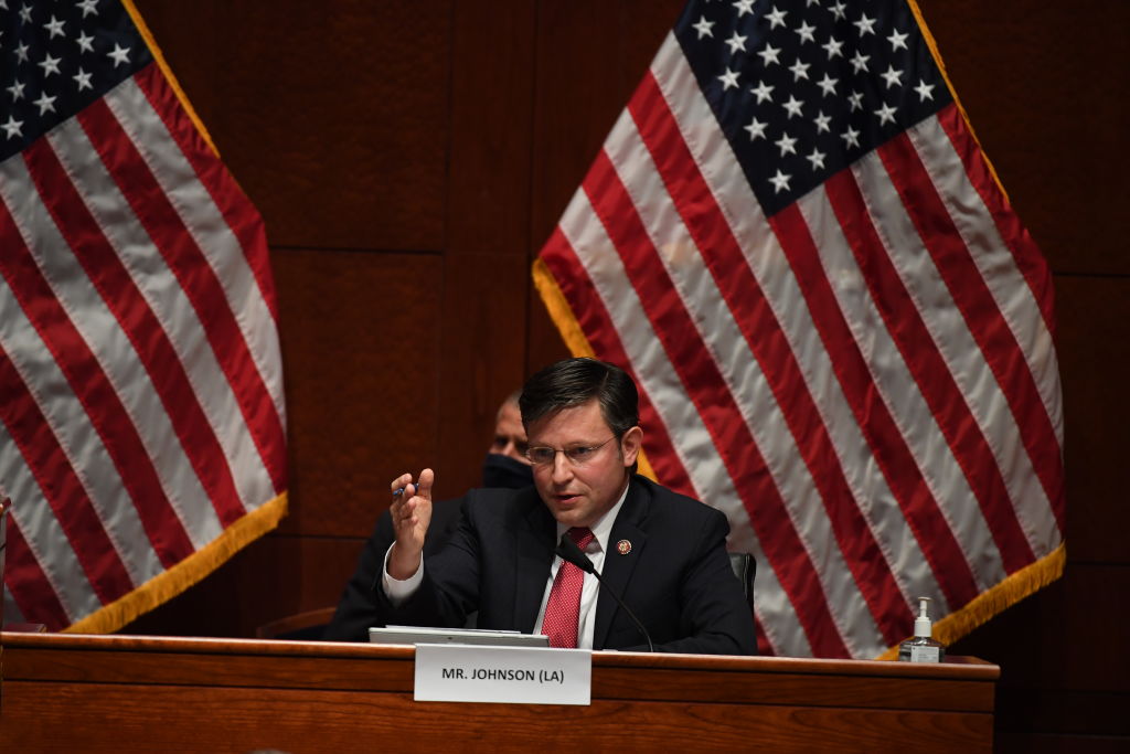 WASHINGTON, DC - JULY 28: Rep. Mike Johnson (R-LA) questions Attorney General William Barr who appears before the House Oversight Committee on July 28, 2020 on Capitol Hill in Washington D.C. In his first congressional testimony in more than a year, Barr is expected to face questions from the committee about his deployment of federal law enforcement agents to Portland, Oregon, and other cities in response to Black Lives Matter protests; his role in using federal agents to violently clear protesters from Lafayette Square near the White House last month before a photo opportunity for President Donald Trump in front of a church; his intervention in court cases involving Trump’s allies Roger Stone and Michael Flynn; and other issues. (Photo by Matt McClain-Pool/Getty Images)