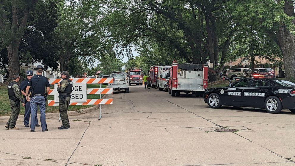 PHOTO: Barricades block off a portion of Elm Street in Laurel, Neb., Aug. 4, 2022. The Nebraska State Patrol is investigating a situation with multiple fatalities.