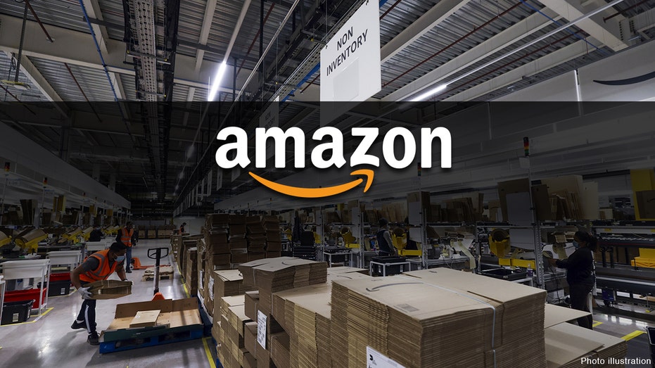 A photo illustration showing Amazon warehouse and logo