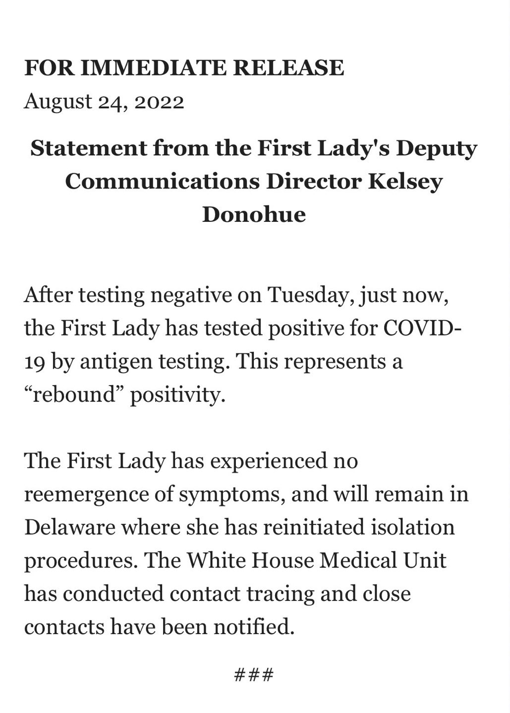 (Statement released by Kelsey Donohue, the deputy communications director for the first lady)
