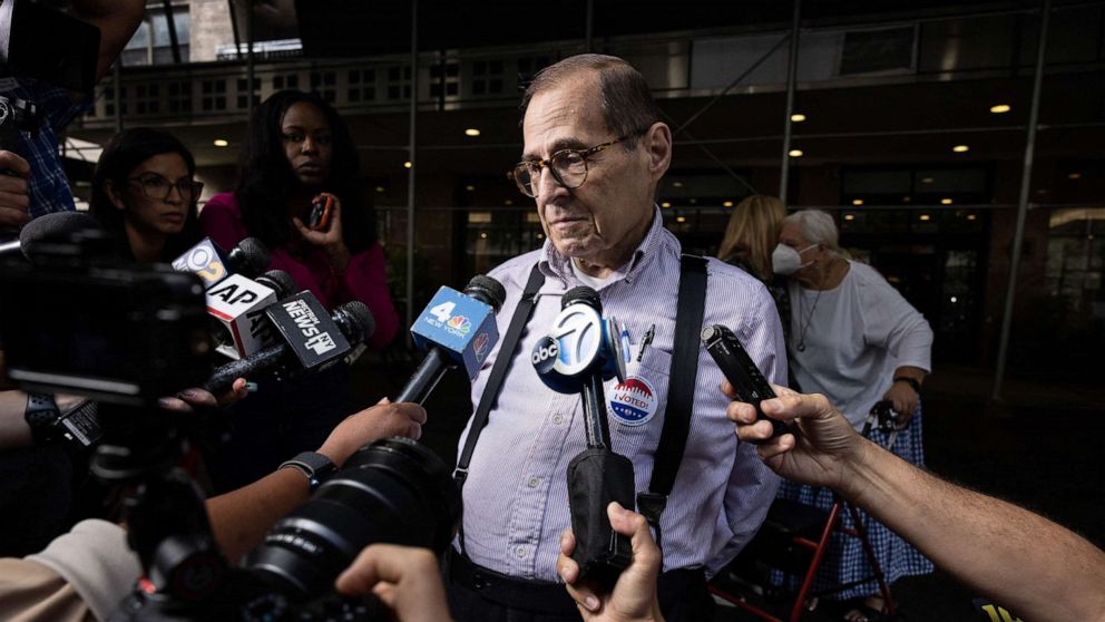 PHOTO: US Representative Jerry Nadler, Democrat of New York, and candidate for New York's 12th congressional district, speaks to the press after voting during Primary Election Day in New York, Aug. 23, 2022.