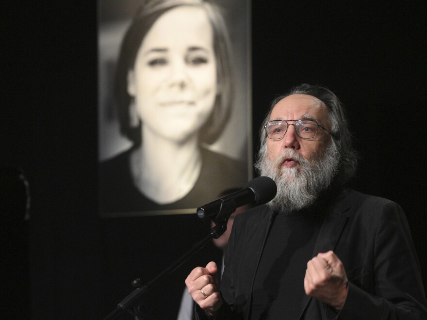 Alexander Dugin attends a farewell ceremony of his daughter Daria Dugina, who was killed in a car bomb explosion in Moscow on August 23. (Dmitry Serebryakov / AP)