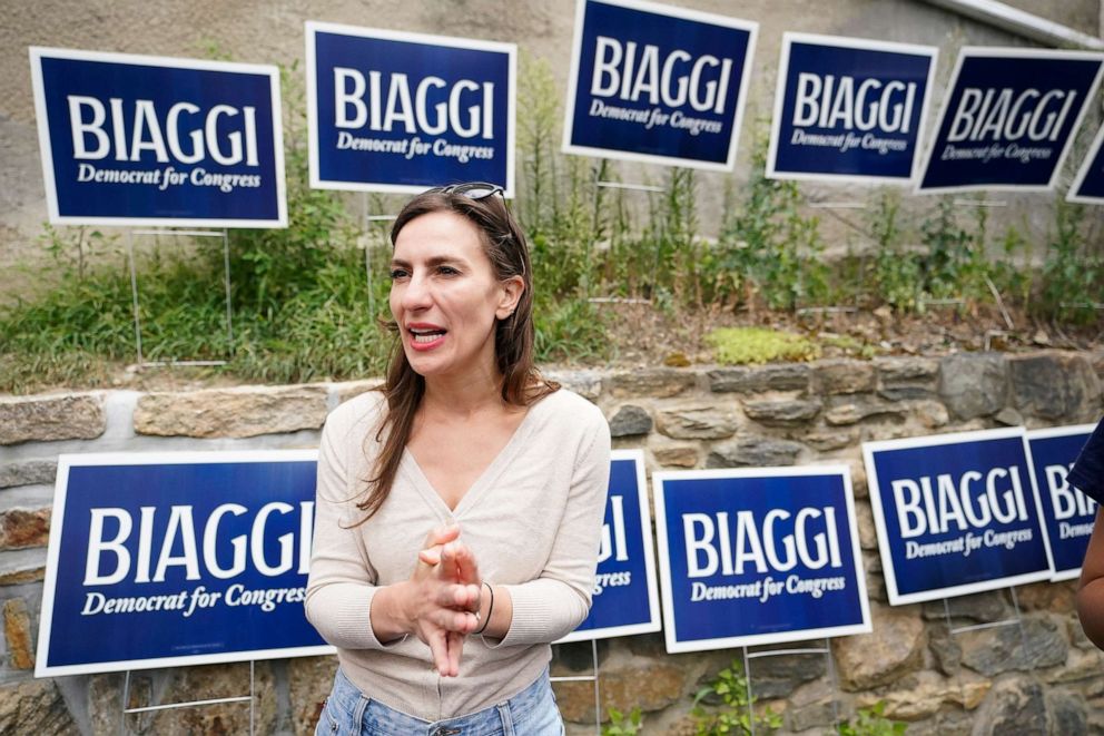 PHOTO: New York 17th Congressional District Democratic primary candidate state Sen. Alessandra Biaggi speaks during an interview with The Associated Press during a canvass launch event for her campaign, Aug. 13, 2022, in Sleepy Hollow, N.Y.