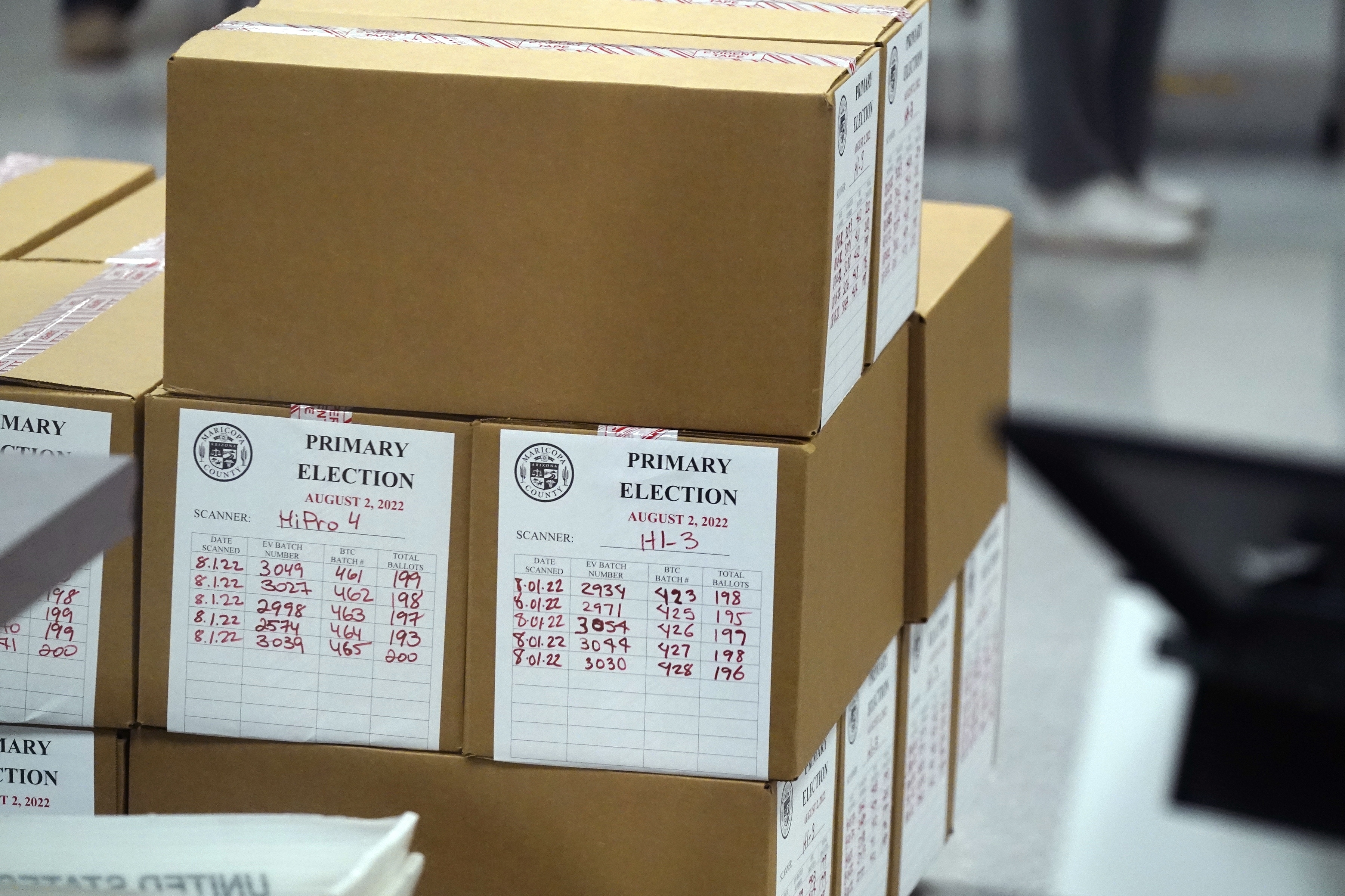 Boxes of ballots sit in the Maricopa County Recorder and Elections Department offices after Arizona's primary election Wednesday, Aug. 3, 2022, in Phoenix. (AP Photo/Ross D. Franklin)