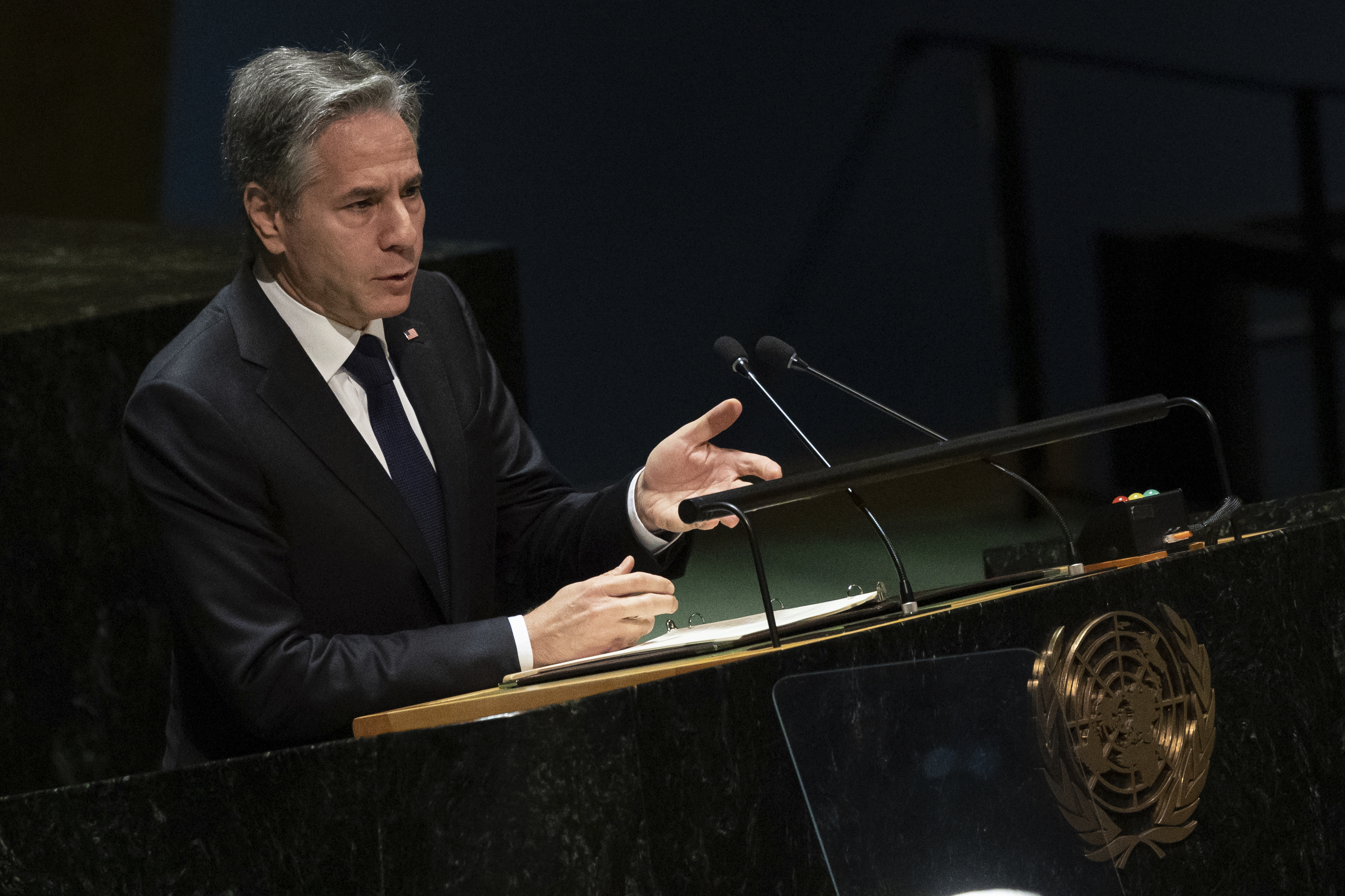 U.S. Secretary of State Antony J. Blinken addresses the 2022 Nuclear Non-Proliferation Treaty (NPT) review conference, in the United Nations General Assembly, Monday, Aug. 1, 2022. (AP Photo/Yuki Iwamura)