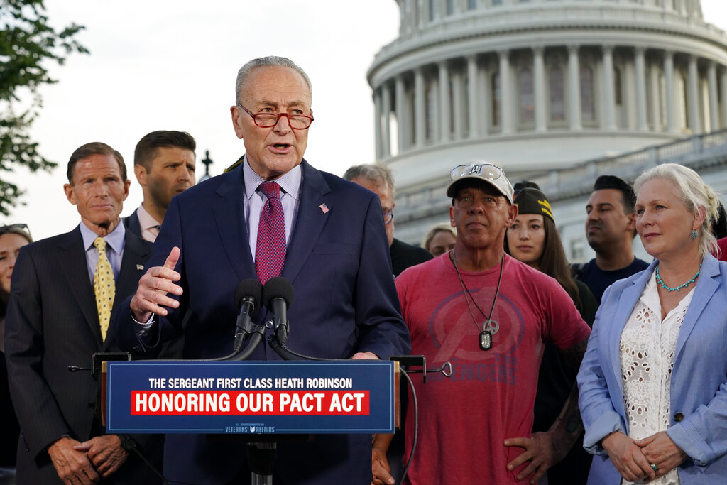 Senate Majority Leader Chuck Schumer of N.Y., speaks at a news conference after the Senate passed a bill designed to help millions of veterans exposed to toxic substances during their military service, Tuesday, Aug. 2, 2022, on Capitol Hill in Washington. (AP Photo/Patrick Semansky)