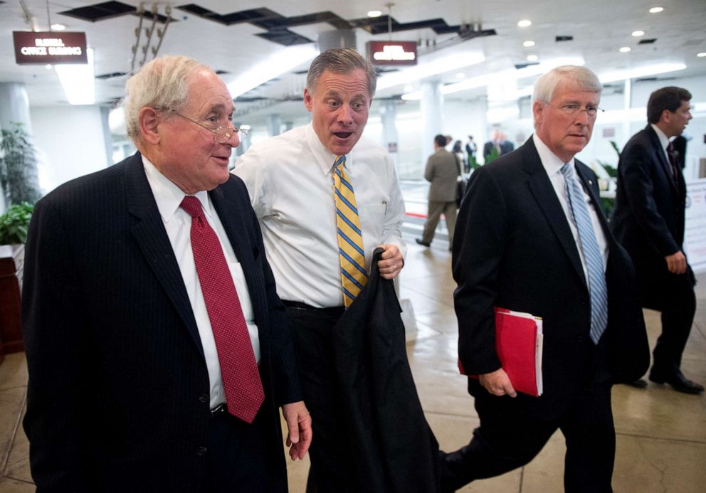 PHOTO: Sen. Carl Levin, Sen. Richard Burr, and Sen. Roger Wicker arrive in the Capitol via the Senate subway, May 24, 2012.