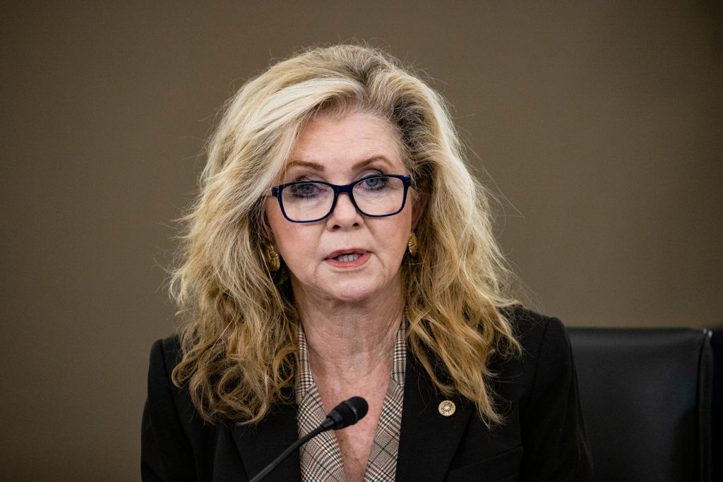 WASHINGTON, DC - OCTOBER 26: Ranking Member Sen. Marsha Blackburn (R-TN) speaks during a Senate Subcommittee on Consumer Protection, Product Safety, and Data Security hearing on Protecting Kids Online: Snapchat, TikTok, and YouTube on October 26, 2021 in Washington, DC. Social media companies have come under increased scrutiny after a whistleblower exposed controversial issues with Facebook and how they utilized algorithms to increase user engagement. (Photo by Samuel Corum/Getty Images)