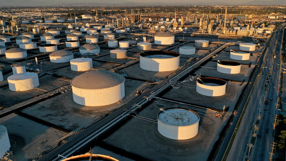 Drone shot of Marathon Oil's storage tanks