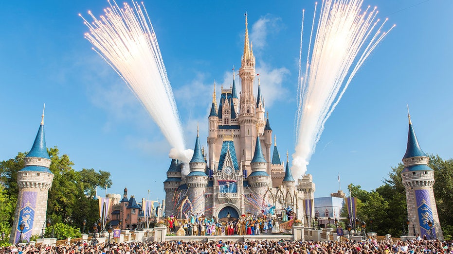 Photo of Disney World in Florida with Cinderella's Castle at the Magic Kingdom in front view 