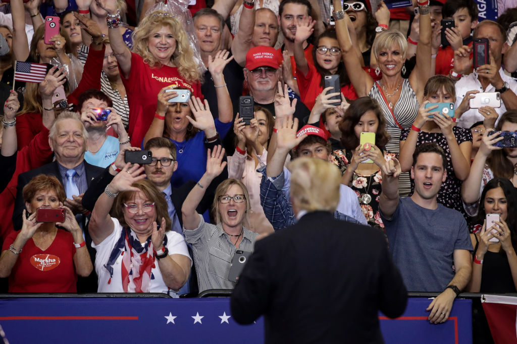 NASHVILLE, TN - MAY 29: U.S. President Donald Trump acknowledges the audience during a rally at the Nashville Municipal Auditorium, May 29, 2018 in Nashville, Tennessee. Earlier in the day, President Trump held a fundraising event in support of Rep. Marsha Blackburn (R-TN), who is running for a U.S. Senate seat against former two-term Tennessee Governor Phil Bredesen, a Democrat. They are competing for the Senate seat currently held by Sen. Bob Corker (R-TN), who declined to run for a third term. Recent polling indicates a close race between Blackburn and Bredesen. (Photo by Drew Angerer/Getty Images)