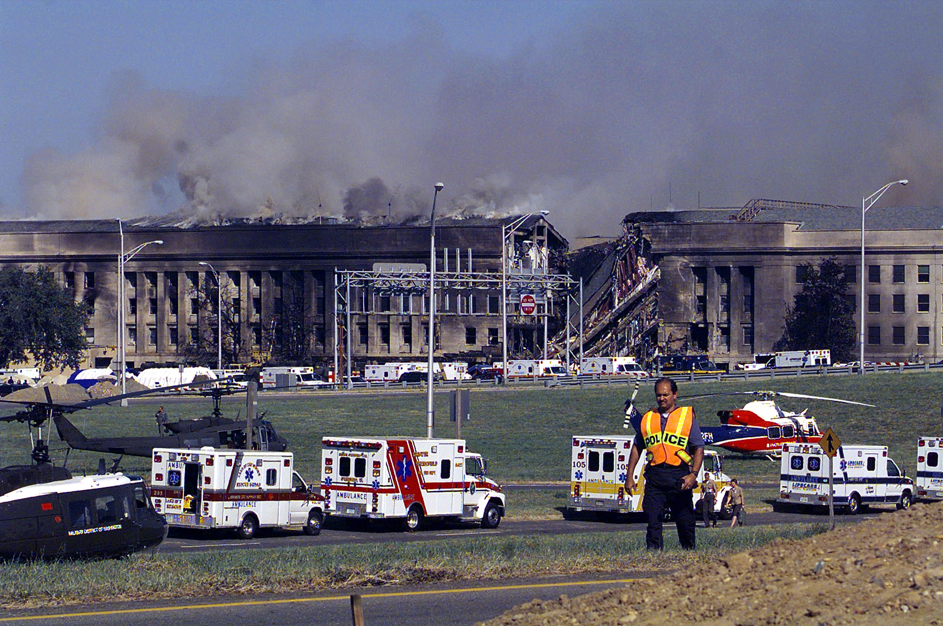 394422 05: Smoke And Flames Rise Over The Pentagon At About 10 A.M. Est September 11, 2001 Following A Suspected Terrorist Crash Of A Hijacked Commercial Airliner Into The South Side Of The Pentagon In Arlington, Va. The Attack Came At Approximately 9:40 A.M. As The Plane, Originating From Washington D.C.'s Dulles Airport, Was Flown Into The Southern Side Of The Building. (Photo By U.S. Navy/Getty Images)