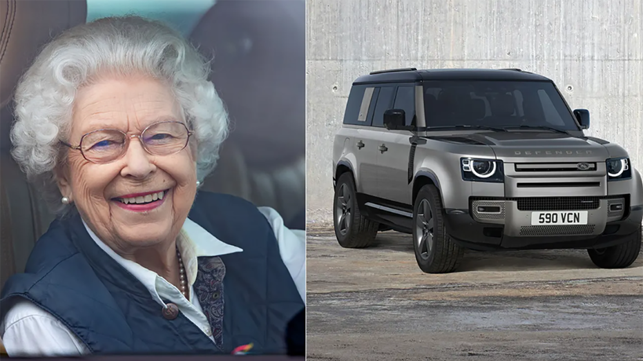 Queen Elizabeth in a photo illustration with a Land Rover Defender