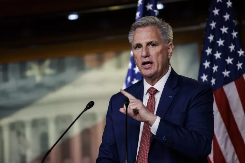 House Minority Leader Kevin McCarthy, a California Republican, said he spoke with Representative Paul Gosar after he posted a controversial anime video depicting violence against Democrats. Here, McCarthy holds his weekly news conference at the U.S. Capitol building on October 28 in Washington, D.C. SAMUEL CORUM/GETTY IMAGES