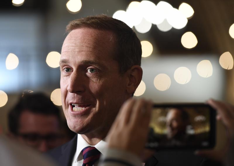 FILE - In this Nov. 6, 2018 file photo, Rep. Ted Budd, R-NC, answers questions from the media at his election party in Bermuda Run, N.C. Budd has announced, Wednesday, April 28, 2021, his bid to become the state's next U.S. Senator. He is looking to fill an open seat being left by GOP Sen. Richard Burr. Budd presently faces competition former Rep. Mark Walker and former Gov. Pat McCrory. (AP Photo/Woody Marshall, File)