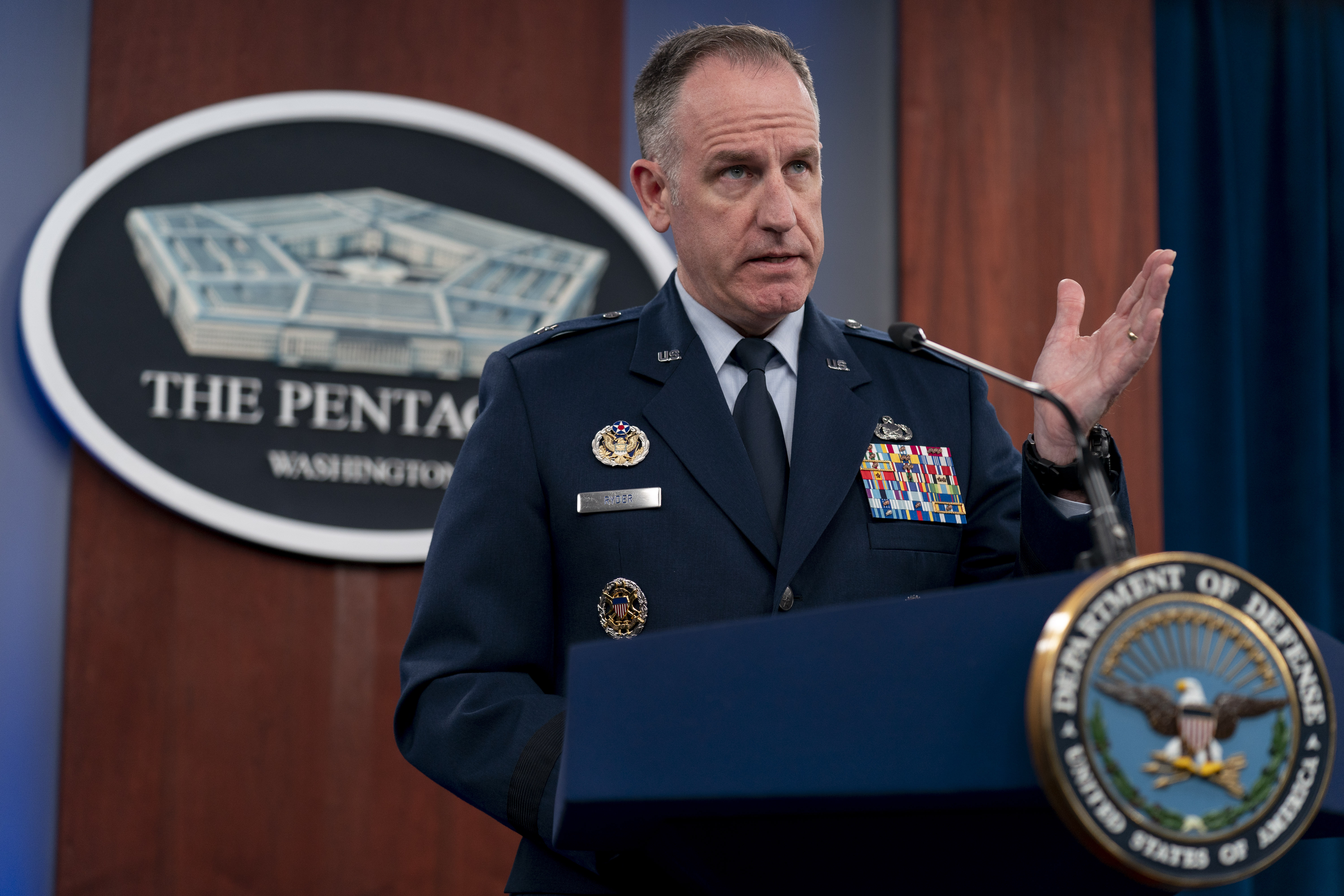Pentagon spokesman Air Force Brig. Gen. Patrick Ryder speaks during a briefing at the Pentagon in Washington, Tuesday, Sept. 6, 2022. (AP Photo/Andrew Harnik)