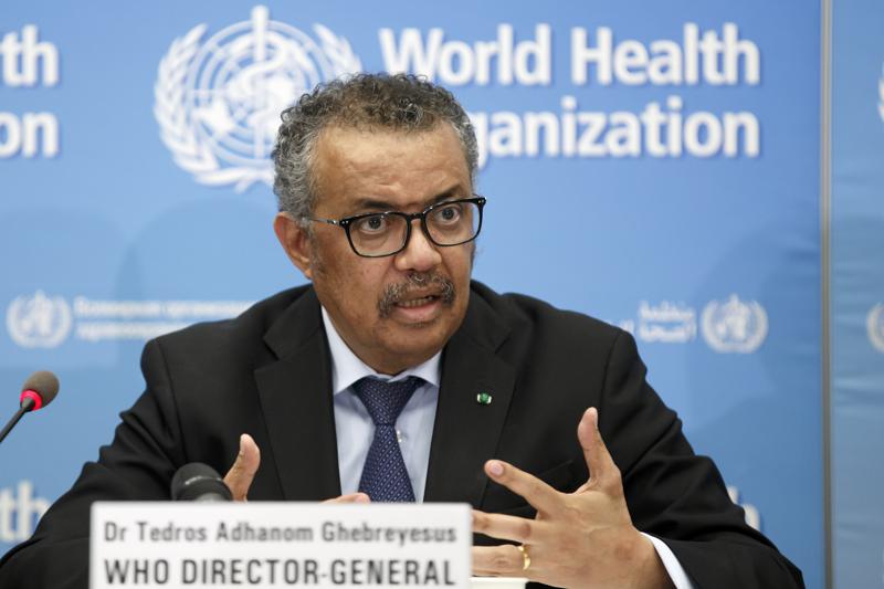 FILE - In this Monday, Feb. 24, 2020 file photo, Tedros Adhanom Ghebreyesus, Director General of the World Health Organization (WHO), addresses a press conference about the update on COVID-19 at the World Health Organization headquarters in Geneva, Switzerland. The European Union is calling for an independent evaluation of the World Health Organization’s response to the coronavirus pandemic, “to review experience gained and lessons learned.” (Salvatore Di Nolfi/Keystone via AP, File)