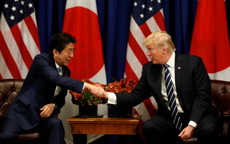 U.S. President Donald Trump meets with Japanese Prime Minister Shinzo Abe during the U.N. General Assembly in New York