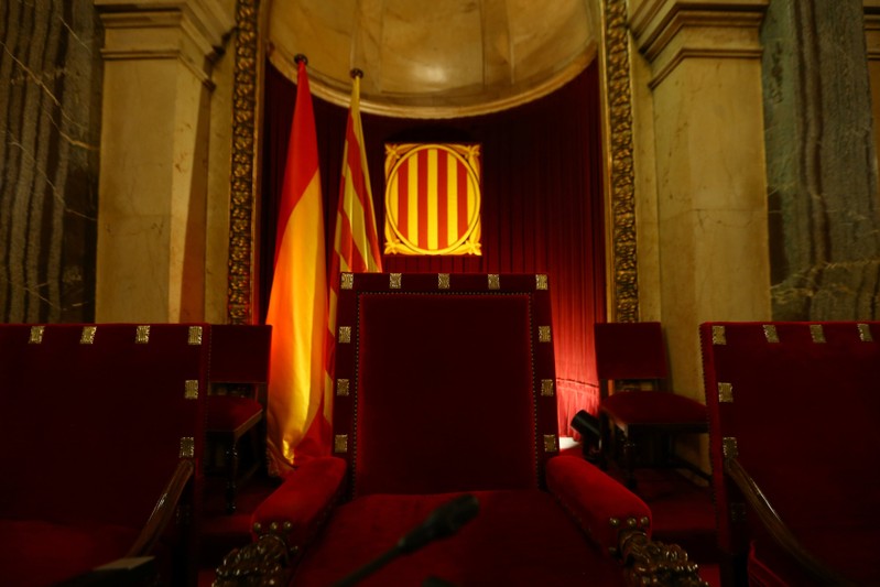 The seat of speaker Carme Forcadell is seen inside the chamber of the Catalan Parliament in Barcelona