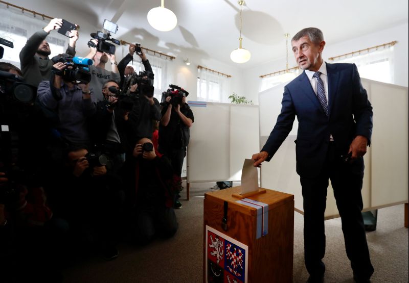 The leader of ANO party Andrej Babis casts his vote in parliamentary elections in Prague