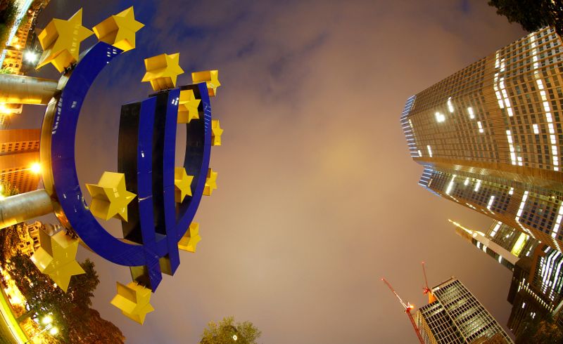 FILE PHOTO: The euro sign landmark is seen at the headquarters of the European Central Bank (ECB) in Frankfurt